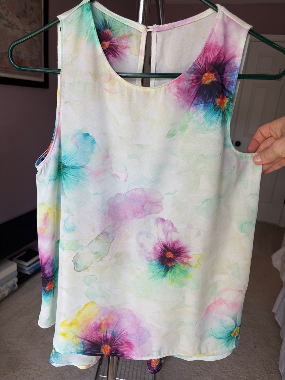Forever 21 White Floral Watercolor Tank with Multicolor Blooms